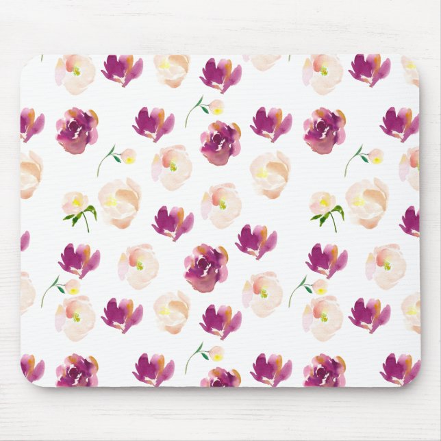 Pink Peach Burgundy Watercolor Floral Mouse Mat (Front)