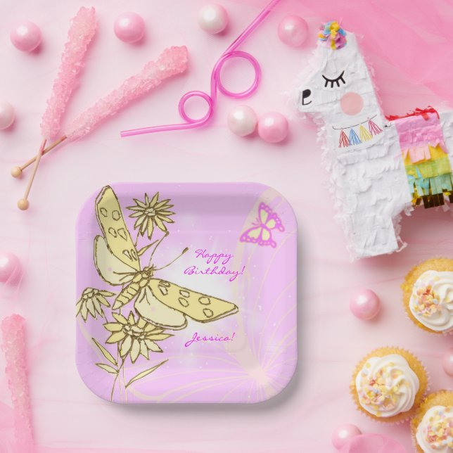 Pink Peach Butterfly Paper Plate (Party)