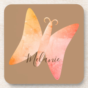 Pink Peach Butterfly Personalised Beverage Coaste Coaster