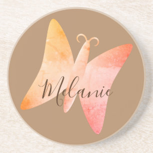 Pink Peach Butterfly Personalised Coaster