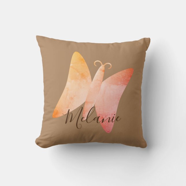 Pink Peach Butterfly Personalised Name  Cushion (Front)