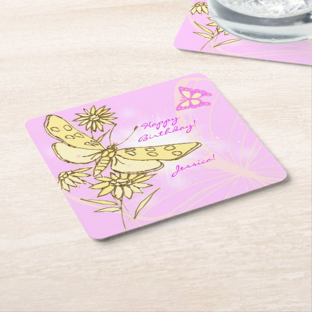Pink Peach Butterfly Square Paper Coaster (Angled)