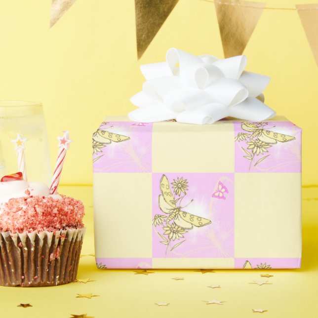 Pink Peach Butterfly Wrapping Paper (Birthday Party)