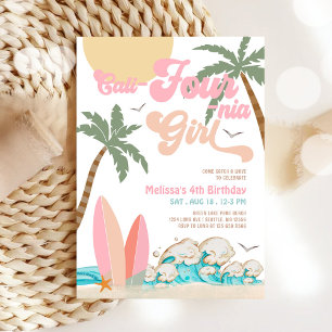 Pink Peach Cali-Four-nia Girl Surfing 4th Birthday Invitation