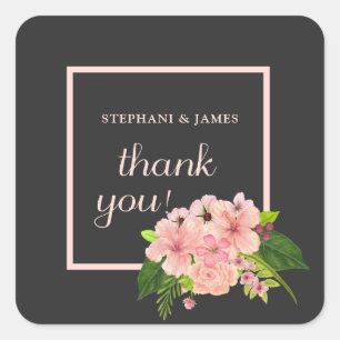 Pink Peach & Charcoal Tropical Floral Thank You Square Sticker