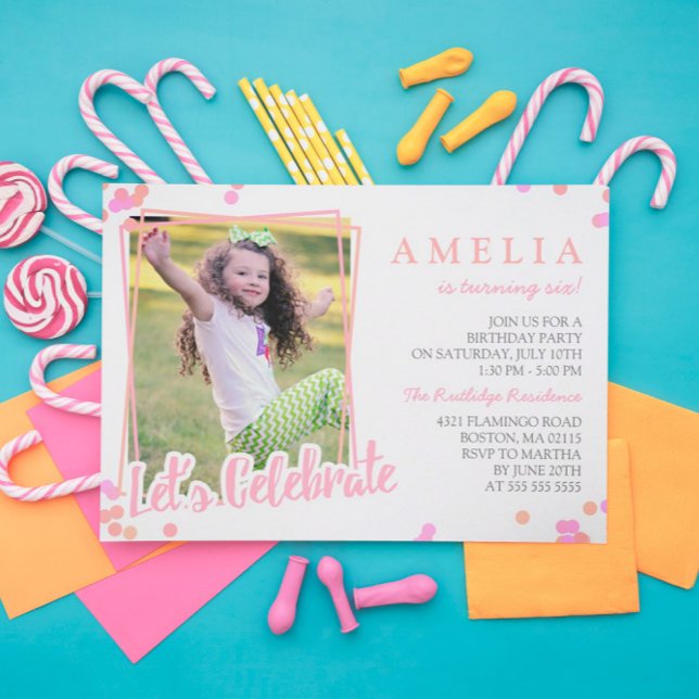 Pink & Peach Confetti Photo Kids Birthday Party Invitation (Creator Uploaded)