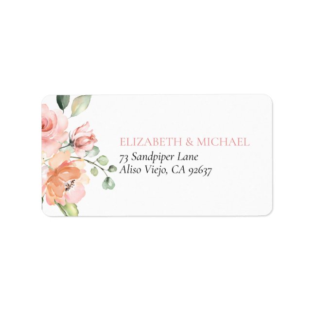 Pink Peach Coral Floral Eucalyptus Wedding Label (Front)