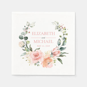 Pink Peach Coral Watercolor Floral Wreath Wedding Napkin