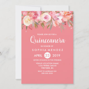 Pink Peach Coral Watercolor Quinceanera Invite