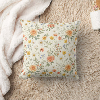 Pink Peach Cottagecore Wildflowers Roses Cushion