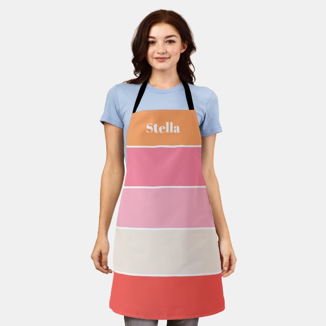 Pink Peach Custom Summer Colour Block Stripes Apron (Worn)