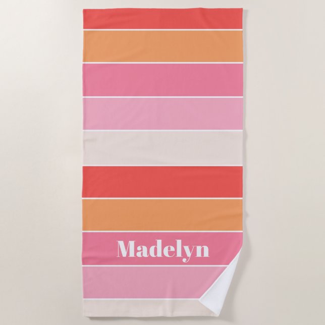 Pink Peach Custom Summer Colour Block Stripes Beach Towel (Front)