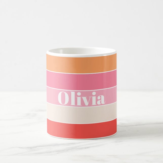 Pink Peach Custom Summer Colour Block Stripes Coffee Mug (Center)