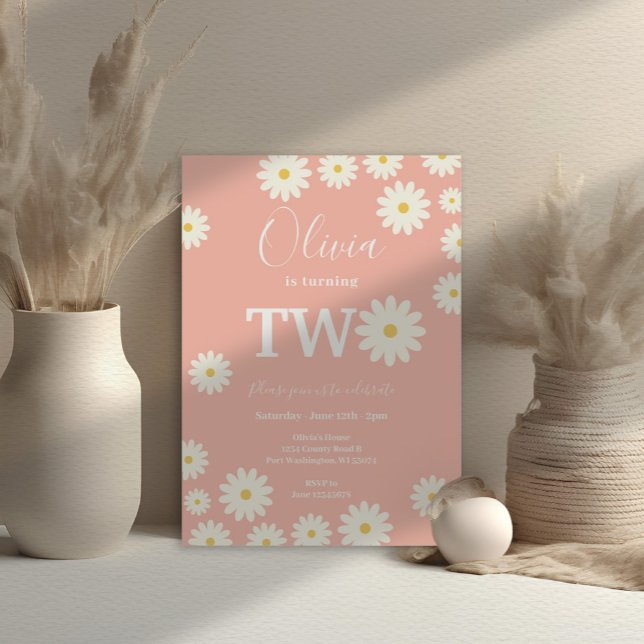Pink Peach Daisy Floral 2nd Birthday party  Invitation (Creator Uploaded)