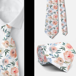 Pink Peach Dusty Light Blue Roses Floral Neck Tie