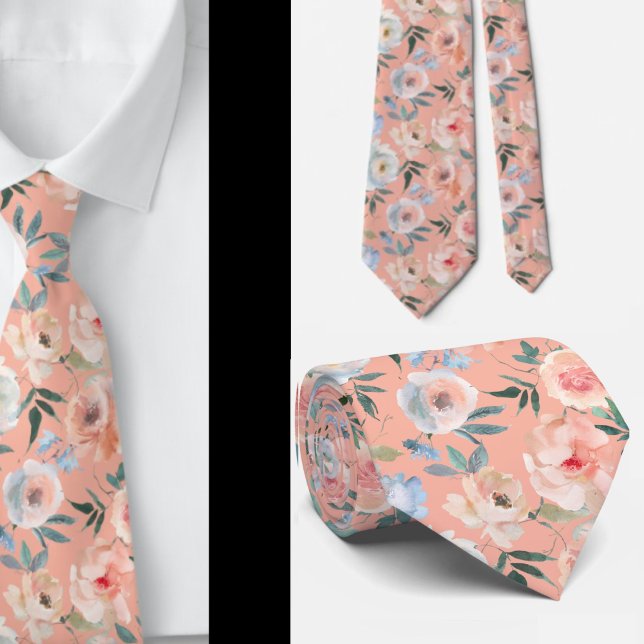 Pink Peach Dusty Light Blue Roses Floral Neck Tie (Creator Uploaded)