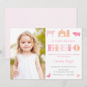 Pink Peach EIEIO Petting Zoo Girl Birthday Party  Invitation