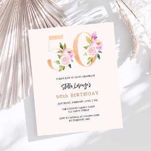 Pink peach floral 50th birthday budget invitation