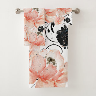 Pink Peach Floral-Black Stencil-Glitter Diamonds Bath Towel Set