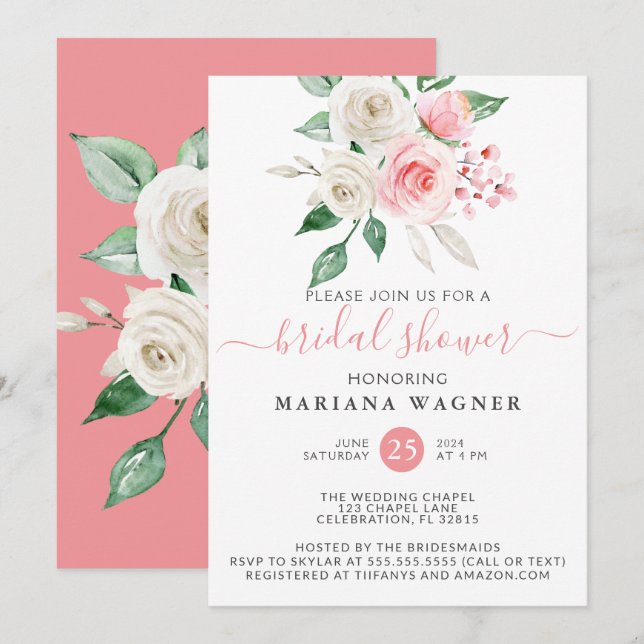 Pink Peach Floral Bridal Shower Invitation (Front/Back)