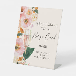 Pink Peach Floral Champagne Recipe Card Pedestal Sign