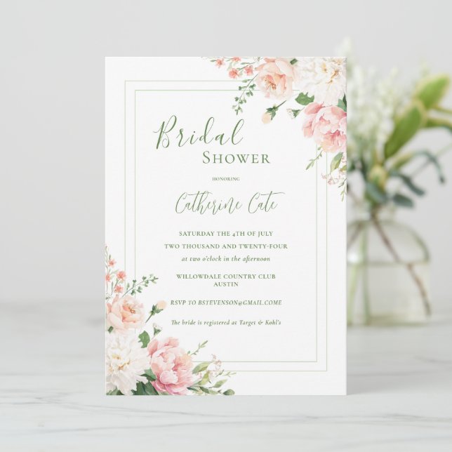Pink Peach Floral Elegant Bridal Shower  Invitation (Standing Front)