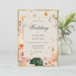 Pink Peach Floral Elegant Gold Wedding Invitation