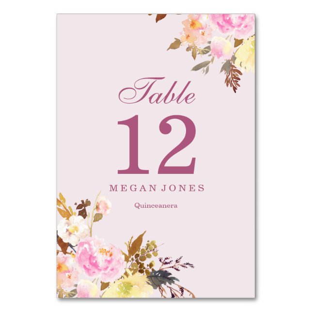 Pink Peach Floral Elegant Quinceanera Table Number (Front)