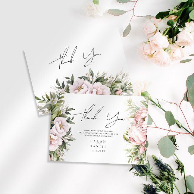 Pink Peach Floral Elegant Wedding Thank You Card (Creator Uploaded)