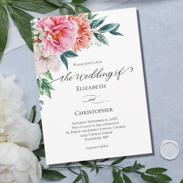 Pink Peach Floral Eucalyptus Calligraphy Wedding  Invitation (Creator Uploaded)