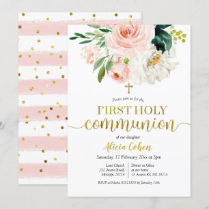 Pink Peach Floral First Holy Communion Card