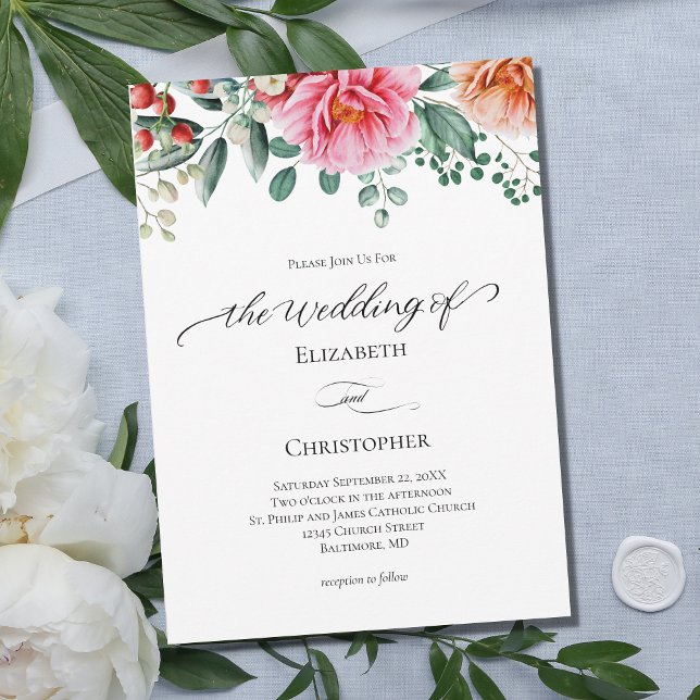 Pink Peach Floral Greenery Calligraphy Wedding Invitation (Creator Uploaded)