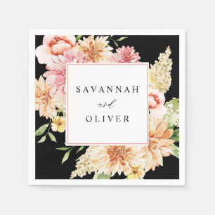 Pink & Peach Floral & Greenery Name - Black Napkin