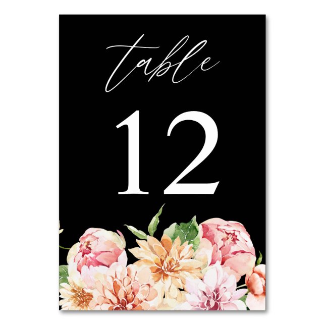 Pink & Peach Floral & Greenery Table Number -Black (Front)
