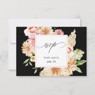 Pink & Peach Floral & Greenery w Meal RSVP 2 Black Card
