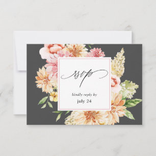 Pink & Peach Floral & Greenery w Meal RSVP 2 Grey Card