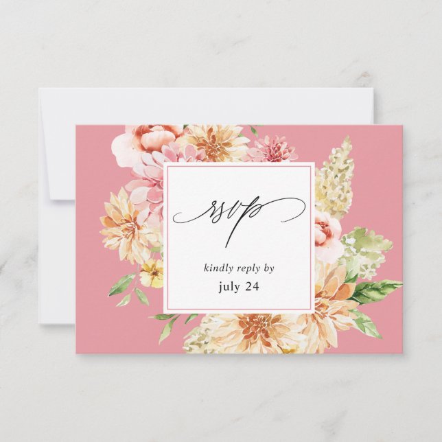 Pink & Peach Floral & Greenery w Meal RSVP 2 Pink Card (Front)