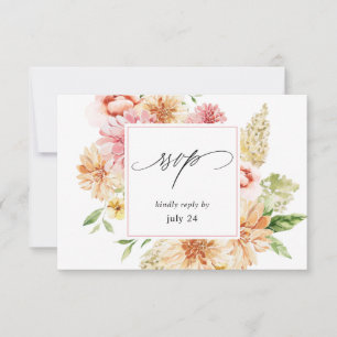 Pink & Peach Floral & Greenery w Meal RSVP 2 White Card
