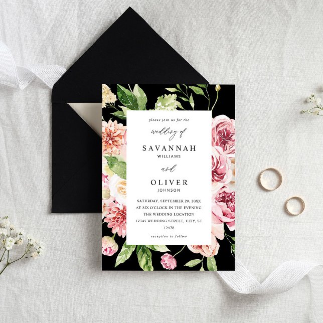 Pink & Peach Floral & Greenery Wedding - Black Invitation (Creator Uploaded)