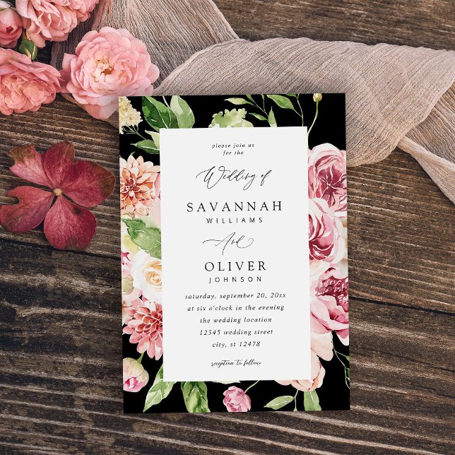 Pink & Peach Floral & Greenery Wedding - Black V2 Invitation (Creator Uploaded)
