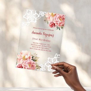 Pink peach floral lace birthday acrylic invitations