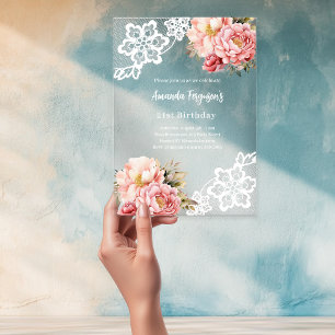 Pink peach floral lace birthday acrylic invitations