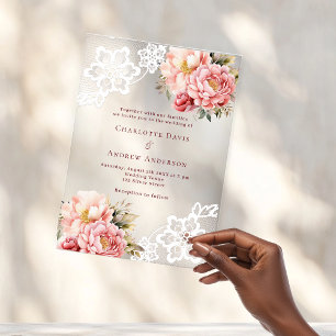 Pink peach floral lace wedding acrylic invitations