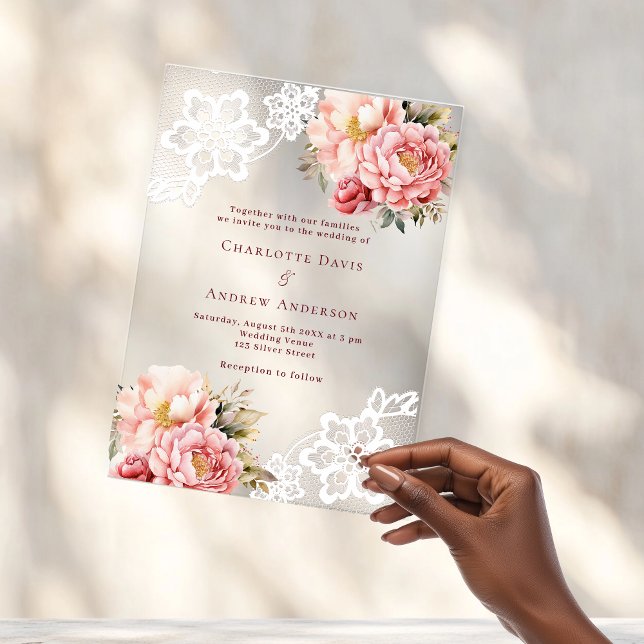 Pink peach floral lace wedding acrylic invitations (Creator Uploaded)