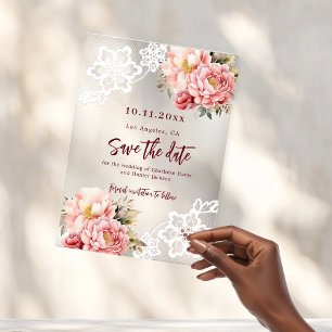 Pink peach floral lace wedding Save the Date card Acrylic Invitations