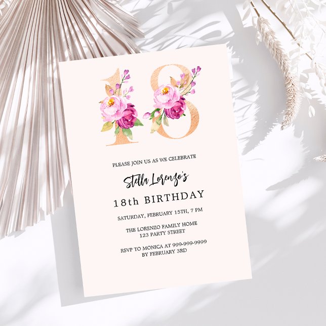 Pink peach floral numbers gold 18th birthday invitation (Creator Uploaded)