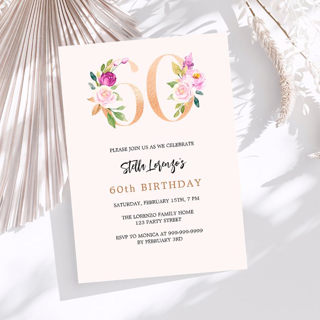 Pink peach floral numbers gold 60th birthday invitation (Creator Uploaded)