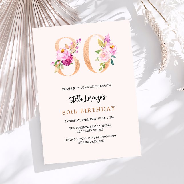 Pink peach floral numbers gold 80th birthday invitation (Creator Uploaded)