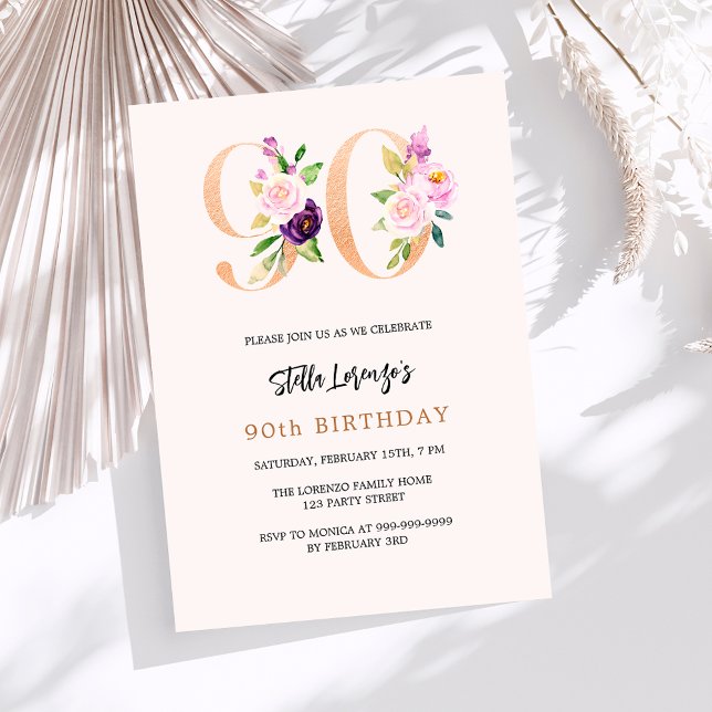 Pink peach floral numbers gold 90th birthday invitation (Creator Uploaded)