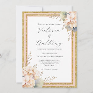 Pink Peach Floral Peony Gold  Modern Wedding  Invitation